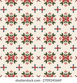 Scandinavian Folk Floral Seamless Pattern Red Green Beige