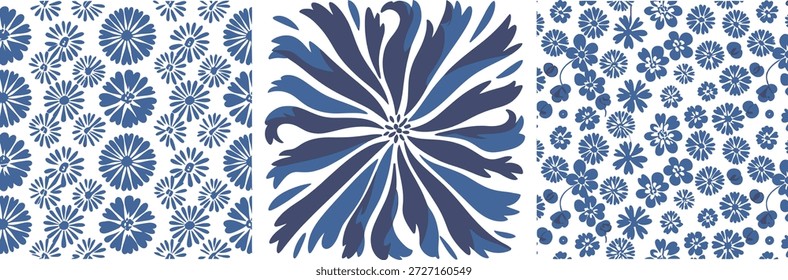 Skandinavische Folk Floral nahtloses Muster Set in schwarzen Silhouette und blauen Tönen