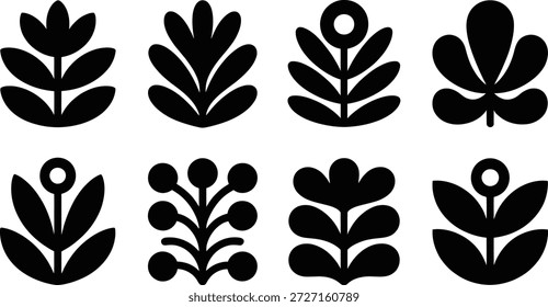 Skandinavische Folk Floral nahtloses Muster Set in schwarzen Silhouette und blauen Tönen