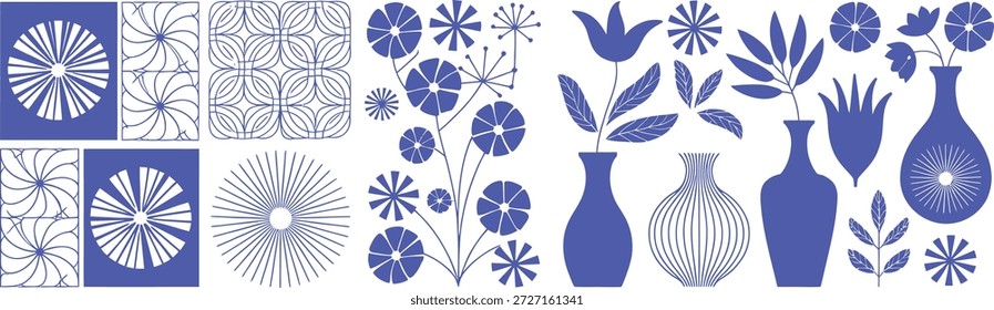 Escandinavo Folk floral sin fisuras patrón conjunto con motivos botánicos negros y azules