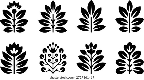 Skandinavisches Folk Blumenmuster Nahtloses Muster Set mit schwarzen und blauen botanischen Motiven