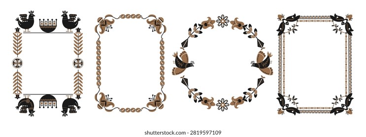Scandinavian folk flower birds frames. Nordic ornaments, elegant decorative borders for invitations, ethnic banners and cards, for packaging, invitations, stationery splendid vector flat isolated set