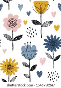Scandinavian folk flowers seamless pattern. Hand drawn simple texture. Modern floral ornament in vector. Perfect for fabric or childish designe