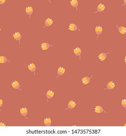 Scandinavian Folk flowers seamless vector repeating background. Pink yellow. Scandinavian tulip flowers. Scattered small floral pattern. For fabric, girl, nursery, page fills, packaging, digital paper