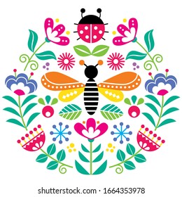 Scandinavian folk flowers vector design, cute spirng floral pattern with bugs, ladybird and fly inspired by traditional embroidery from Sweden, Norway and Denmark. Retro round colorful folk art garden