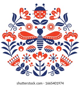 Scandinavian folk flowers vector design, cute spirng floral pattern with bugs, ladybird and fly inspired by traditional embroidery from Sweden, Norway and Denmark. Retro round orange and navy blue 