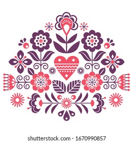 Scandinavian folk flowers vector design, cute spirng floral pattern inspired by traditional embroidery from Sweden, Norway and Denmark. Retro red and brown folk art decoration with floral motif 