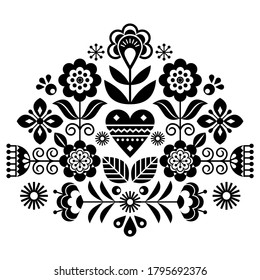 Scandinavian folk flowers vector design, cute spirng floral pattern inspired by traditional embroidery from Sweden, Norway and Denmark
