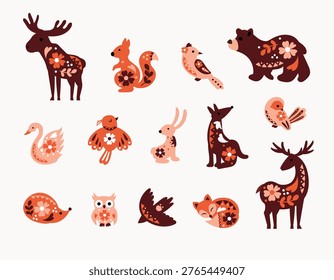  Scandinavian folk forest animals set with floral elements in nordic style illustration