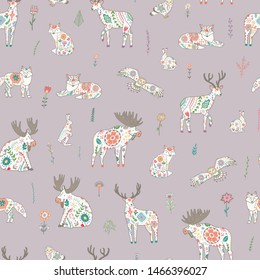 Scandinavian folk forest animals vector seamless pattern