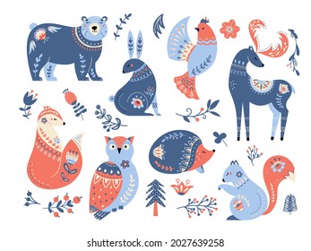 Scandinavian folk forest animals vector set. Deer, bird, fox, rabbit in nordic style. Folklore design elements. Christmas art collection. Isolated on white background. 