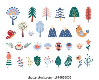Scandinavian folk forest vector set. Flowers and floral elements in nordic style. Folklore illustration. Isolated on white background. 