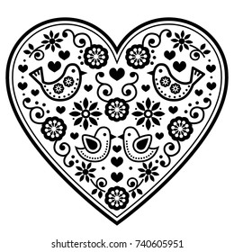 Scandinavian folk heart vector black pattern with flowers and birds - Valentine's Day, wedding, birthday greeting card