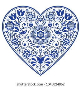 Scandinavian folk heart vector design, Valentine's day, birthday or wedding greeting card, floral pattern in navy blue.
Retro background with flowers inspired by Swedish and Norwegian traditional embr