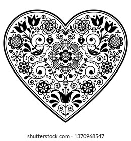 Scandinavian folk heart vector design, Valentine's Day, birthday or wedding greeting card, floral pattern in black and white. Retro background with flowers inspired by Swedish and Norwegian art
