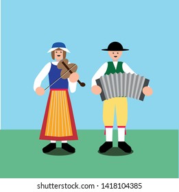 Scandinavian folk musicians in traditional dresses, vector illustration.