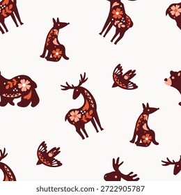 Patrón popular escandinavo que representa animales. Texturas infinitas para tu diseño.	