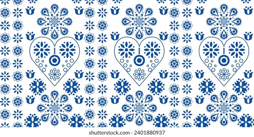 Patrón folclórico escandinavo. Patrón floral en azul marino. Fondo de pantalla de diseño de vectores cardíacos. Fondo de pantalla de corazones folclóricos escandinavos.