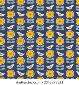 Scandinavian Folk Seamless Pattern Abstract Bird Flower Printable Wallpaper Floral Pattern Nordic Scandi Style MCM Retro Mid Century Modern Digital Download Yellow Navy Ornament Background Art Vector