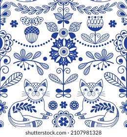 Scandinavian folk seamless pattern. Blue folklore border, swedish ornament design. Nordic rustic art style print. Cat and flowers, decorative nowaday vector background