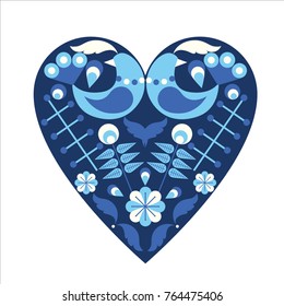 Scandinavian folk style blue pattern. Stock vector illustration of finnish nordic swedish norvegian elements in heart shape.