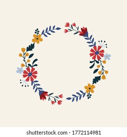 Scandinavian folk style floral illustration of wreath. Round frame with floral and botanical elements. Hand drawn motifs.