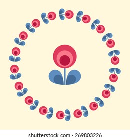 Scandinavian  folk style flower in round floral ornamented frame. Design elements for floral pattern. Vector illustration .