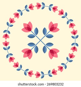 Scandinavian folk style flower in round floral ornamented frame.  Design elements for floral  pattern. Vector illustration.