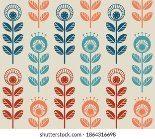 Scandinavian folk style flowers - seamless floral pattern based on traditional folk art ornaments, sweden nordic style. Vector illustration. Simple retro colors 70s