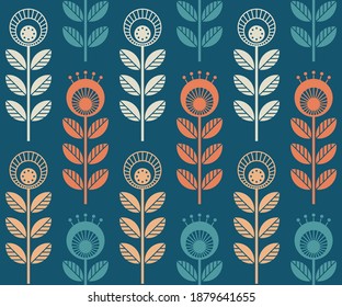 Scandinavian folk style flowers - seamless floral pattern based on traditional folk art ornaments, sweden nordic style. Vector illustration. Simple retro colors 70s