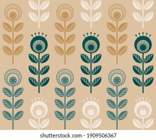 Scandinavian folk style flowers - seamless floral pattern based on traditional folk art ornaments, sweden nordic style. Vector illustration. Simple retro colors 70s