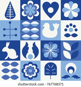 Scandinavian folk style pattern set. Stock vector illustration of finnish nordic swedish norvegian floral elements in blue colors.