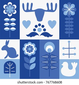 Scandinavian folk style pattern set. Stock vector illustration of finnish nordic swedish norvegian floral elements in white and blue colors.
