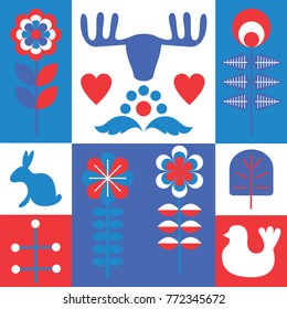 Scandinavian folk style pattern set. Stock vector illustration of finnish nordic swedish norvegian floral elements in red and blue colors.