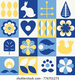 Scandinavian folk style pattern set. Stock vector illustration of finnish nordic swedish norvegian floral elements in blue and yellow colors.