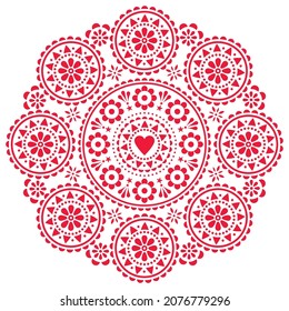 Patrón decorativo de mandala estilo folk escandinavo con flores y corazones, tarjeta de saludo de San Valentín o diseño de invitación a la boda. Mandala floral retro adorable, ornamento rojo nórdico 