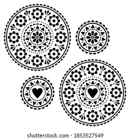 Scandinavian folk style vector mandala design set - black and white cute greeting card on invitation round patterns with hearts and flowers. Retro monochrome floral mandalas, Nordic ornaments on white