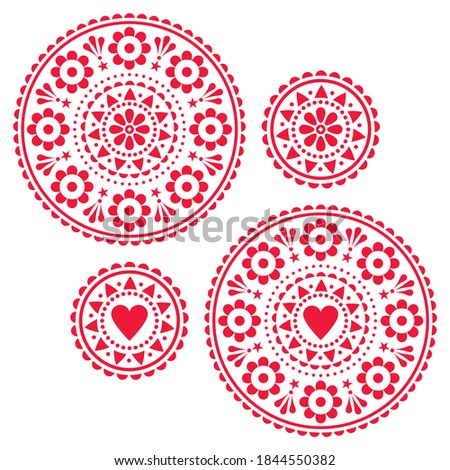 Scandinavian folk style vector mandala design set - cute greeting card on invitation round patterns with hearts and flowers. Retro cute floral mandalas, Nordic red ornaments on white background 