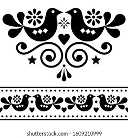 Scandinavian folk vector design elements, cute floral design with birds in black on white background. Retro cute floral decoation in square, monochrome Nordic white ornament - Valentine's Day