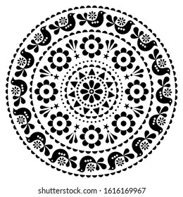 Scandinavian folk vector design mandala pattern - round design, cute floral ornament with birds in black on white background. Retro cute monochrome floral design in circle, Nordic white ornament