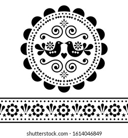 Scandinavian folk vector design pattern set - round and seamless design, cute floral ornament with birds in black on white background. Retro cute floral design elements, Nordic white ornament