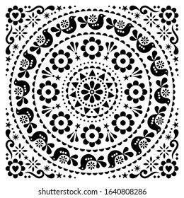Scandinavian folk vector greeting card or inviation design floral mandala pattern with birds in black on white background. Retro monochrome cute floral design, Nordic white ornament Valentines Day
