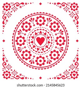 Scandinavian folk vector mandala pattern with heart and flowers in red on white background - greeting card or wedding invitation design. Retro cute floral design, Nordic white ornament 