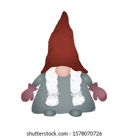 Scandinavian folklore Christmas gnome Nisse or Tomte dwarf or elf in red hat. Cute nordic Christmas fairy tale characters isolated on white background. Flat cartoon vector illustration.