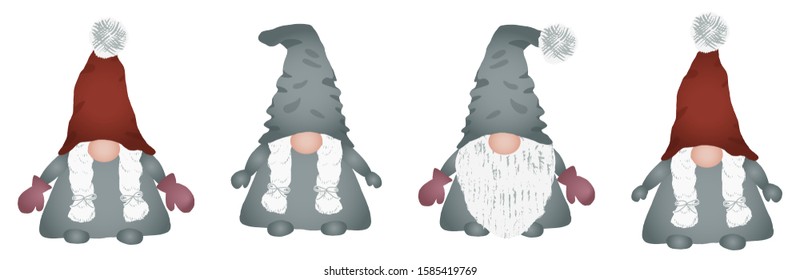 Scandinavian folklore Christmas gnomes collection Nisse or Tomte dwarf or elf in red hat. Cute Nordic Christmas fairy tale characters isolated on white background. Flat cartoon vector illustration.