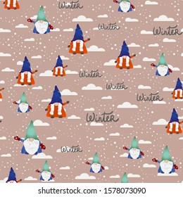 Scandinavian folklore Christmas gnomes seamless design. Hand lettering winter word, cute dwarf, snow scene. Wallpaper, textile, wrapping paper design. Vector illustration.