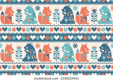 Scandinavian folklore Nordic seamless wallpaper with Nordic animals and flowers. Calm lagom aesthetic. Quirky stylized tile background for home decor, wrapping paper, fabric. Folk hygge style.