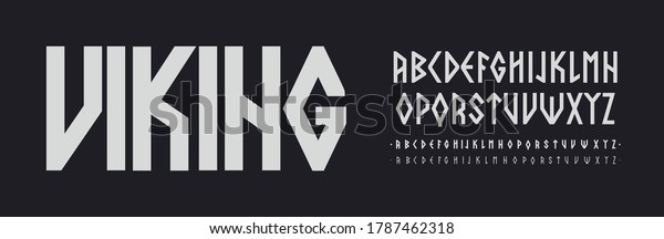 Scandinavian font, Nordic runes style Letters. Viking\
ethnic letters. Thin, regular and bold font set, vector modern\
typography design\
