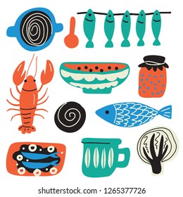 Scandinavian food concept. Hand drawn illustration, made in vector. Crayfish, bowl, fish, cabbage jam cup sandwich