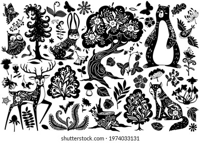 Scandinavian forest elements. Nordic scandi style deer, hare and bear, owl and fox, bird and oak tree, mushroom and leaves, fern vector set. Plants and animals with ornament, flora and fauna